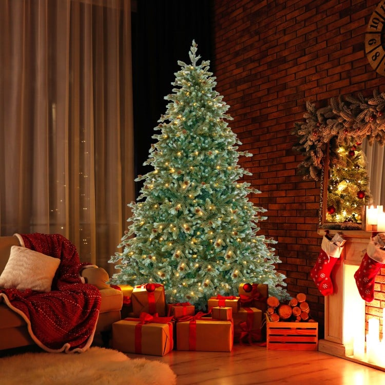 7 Ft Luxurious Christmas Tree with Warm White LED Lights and Pine Cones, Assembled