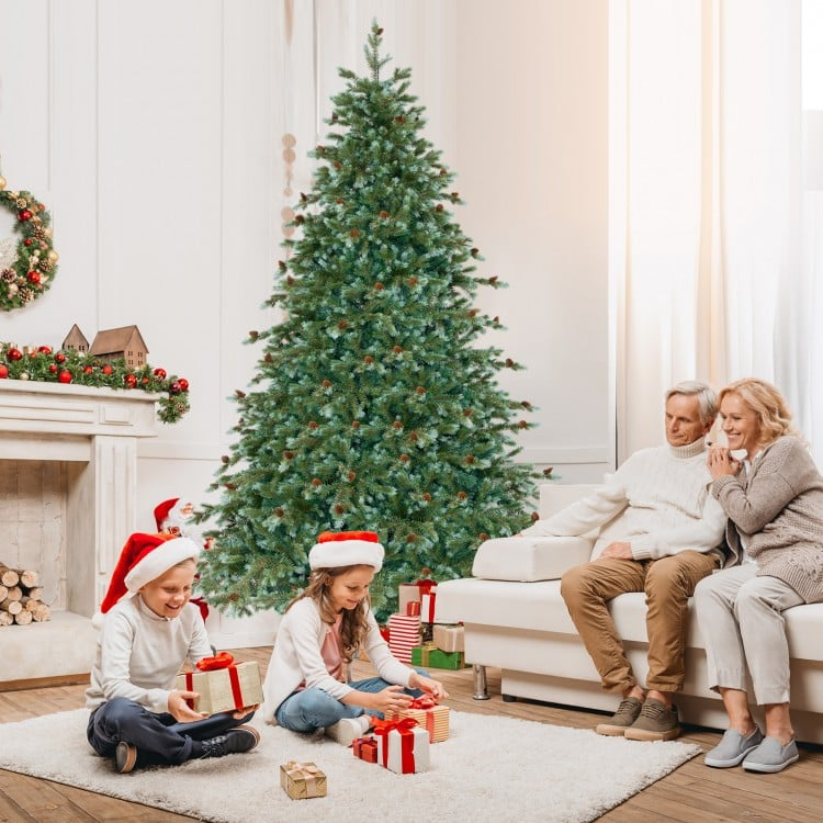 7 Ft Luxurious Christmas Tree with Warm White LED Lights and Pine Cones, Assembled