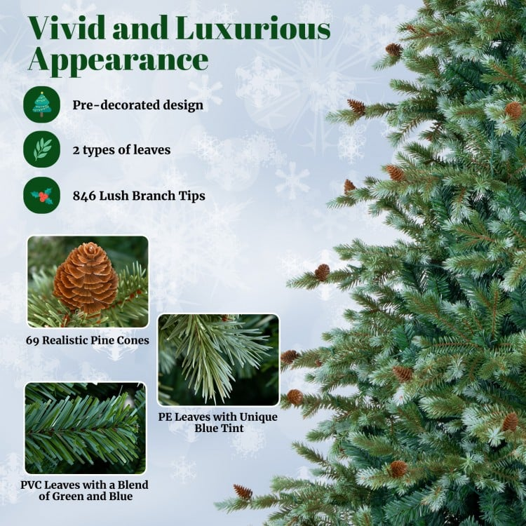 7 Ft Luxurious Christmas Tree with Warm White LED Lights and Pine Cones, Assembled