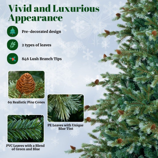 7 Ft Luxurious Christmas Tree with Warm White LED Lights and Pine Cones, Assembled
