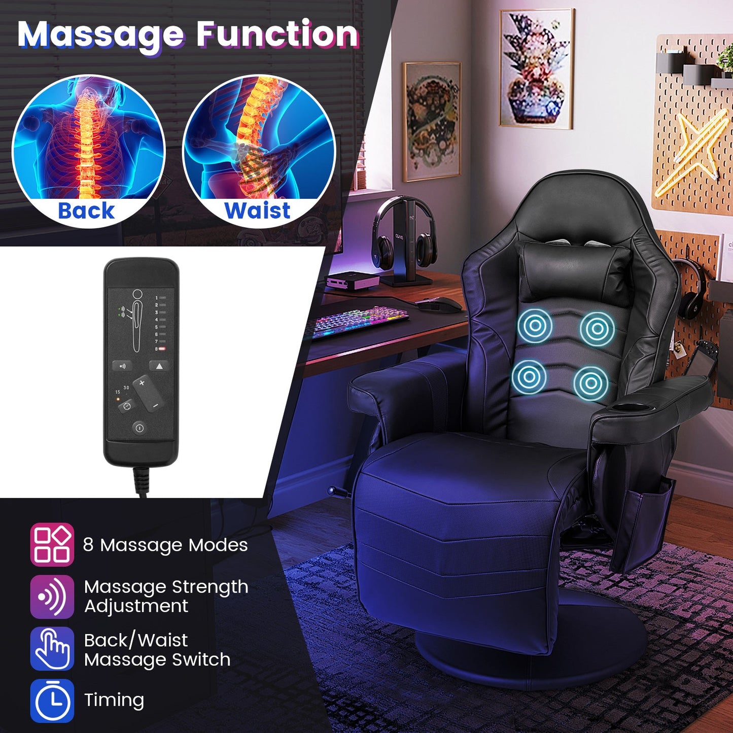 Massage Video Gaming Recliner Chair, OURS HAS GREY TRIM, CLEAN CUSTOMER RETURN, TESTED