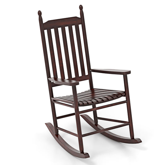 High-Back Acacia Wood Outdoor Rocking Chair with Solid Rocking Base-Brown (Assembled)