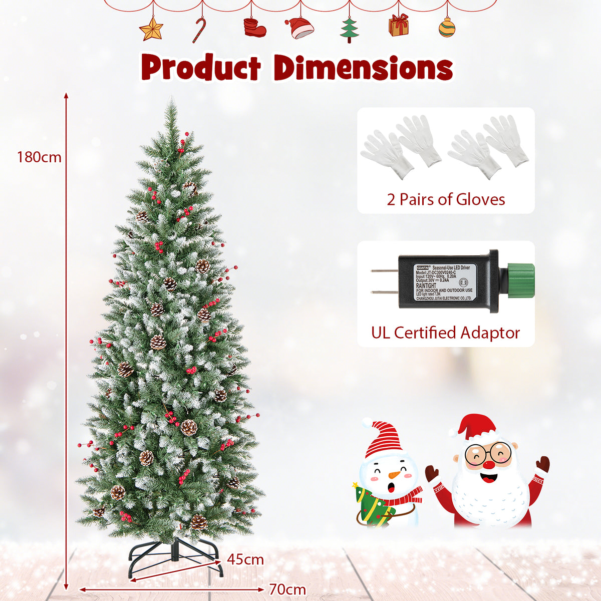Pre-lit Artificial Pencil Christmas Tree with Pine Cones and Red Berries-6 ft - FINAL SALE
