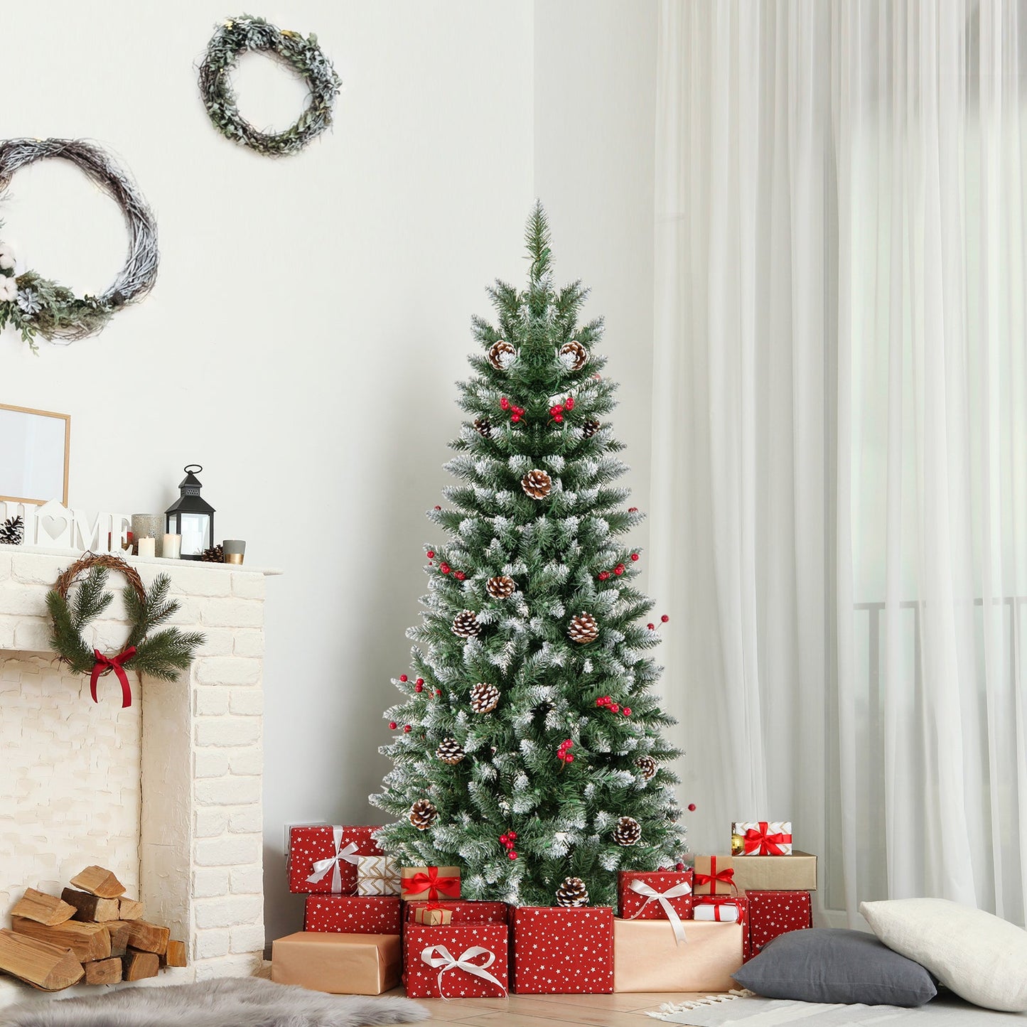 Pre-lit Artificial Pencil Christmas Tree with Pine Cones and Red Berries-5 ft, final sale