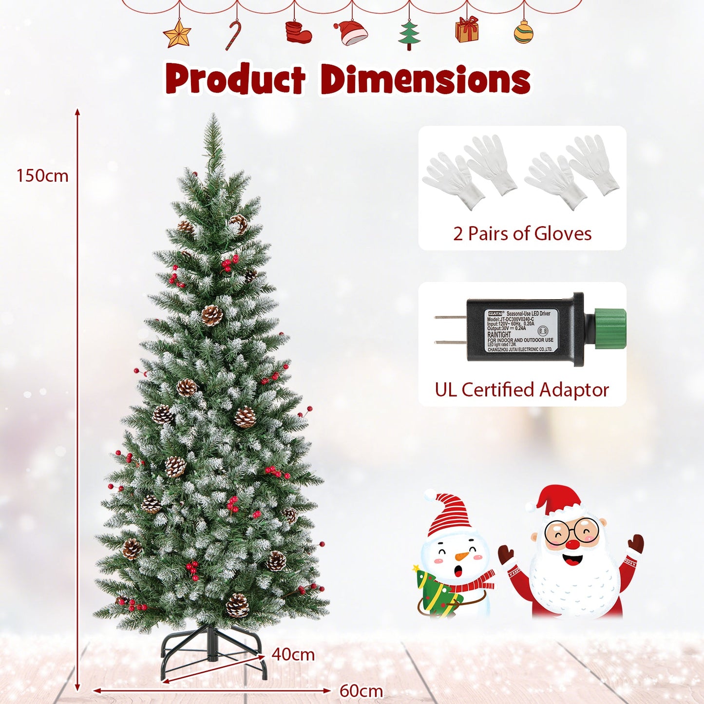 Pre-lit Artificial Pencil Christmas Tree with Pine Cones and Red Berries-5 ft, final sale
