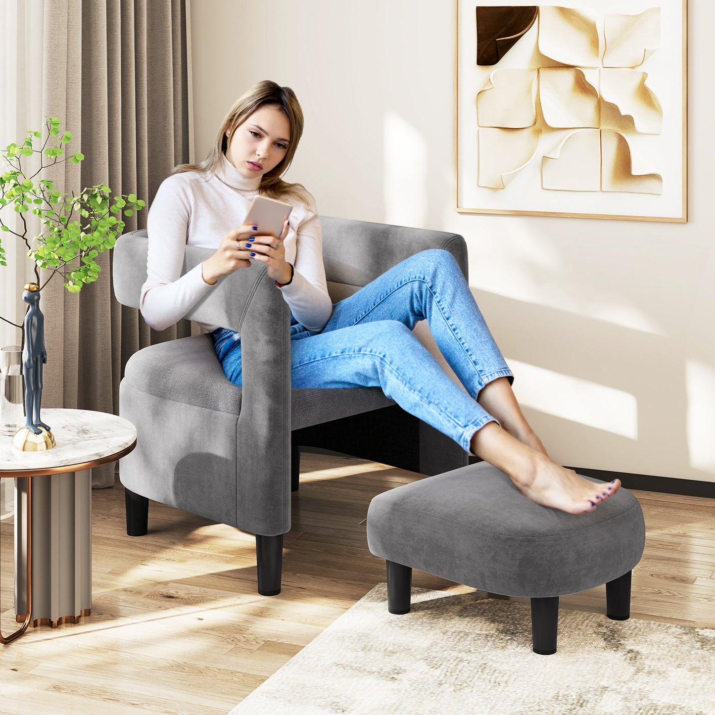 Comfy Accent Armchair with Footrest-Grey