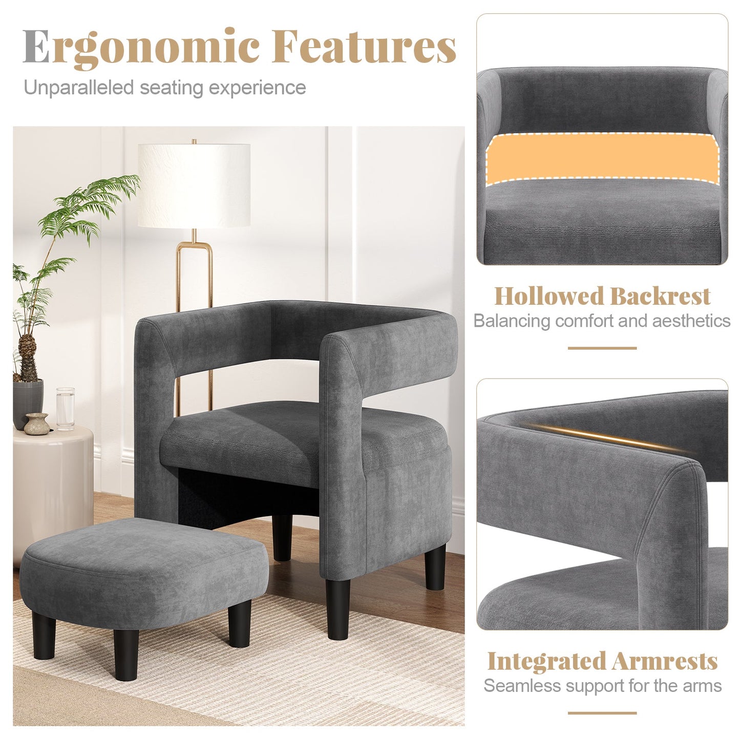 Comfy Accent Armchair with Footrest-Grey