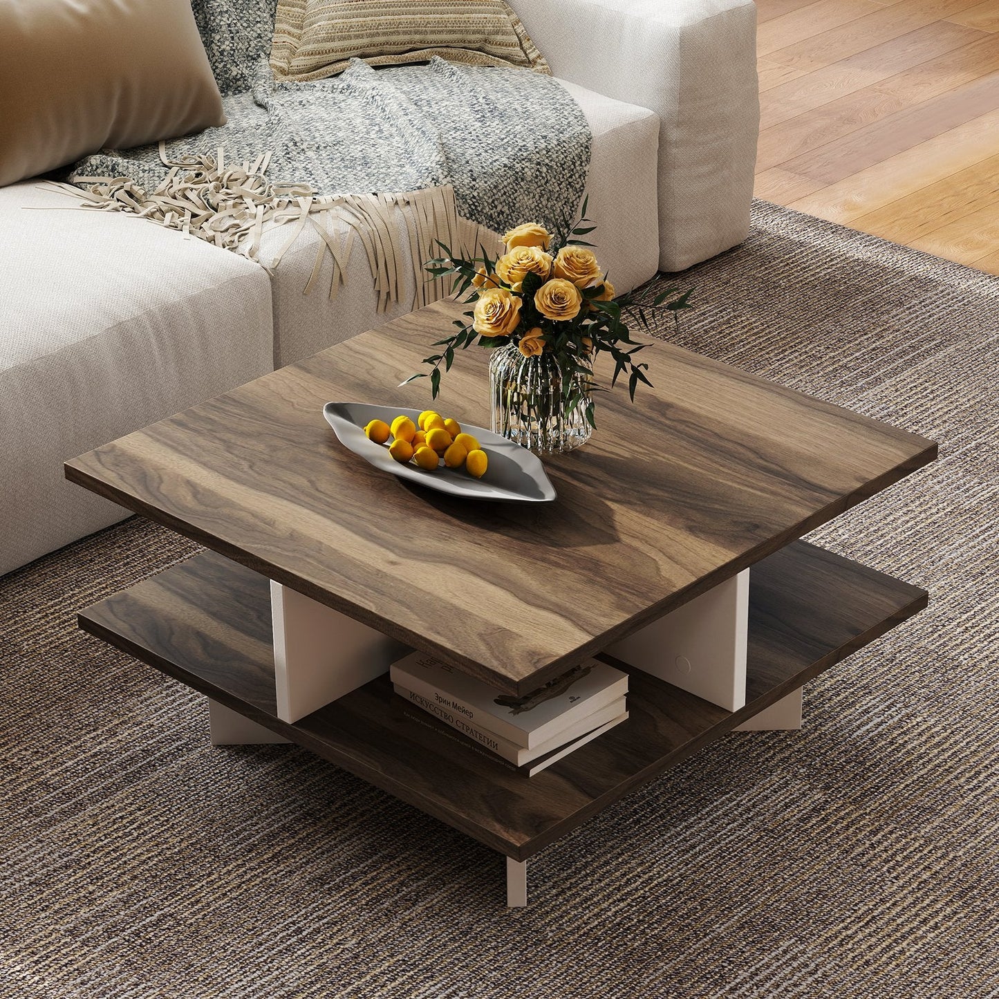2-Tier Square Coffee Table with 4 Storage Compartments-Walnut (Fully Assembled)