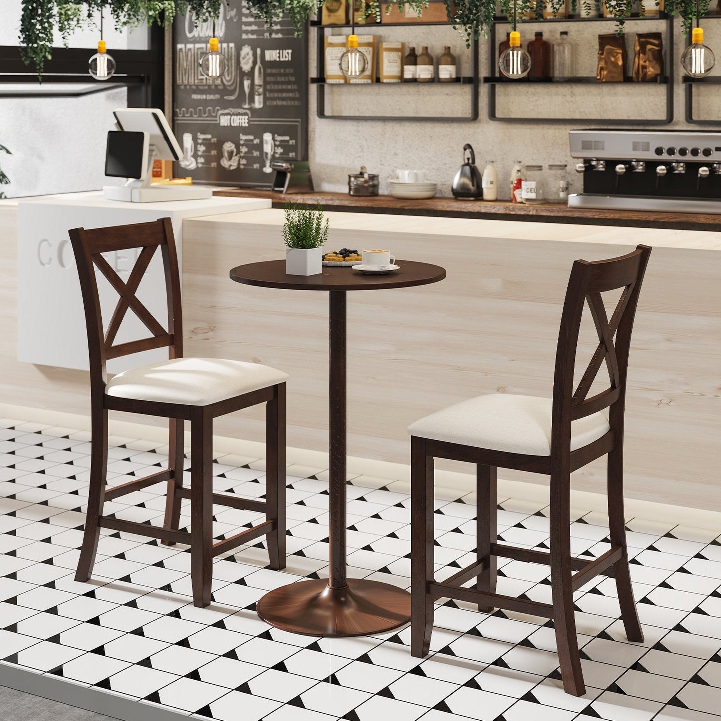 Modern Farmhouse Counter Height Stools with Footrest and Cushion-Walnut (Assembled)