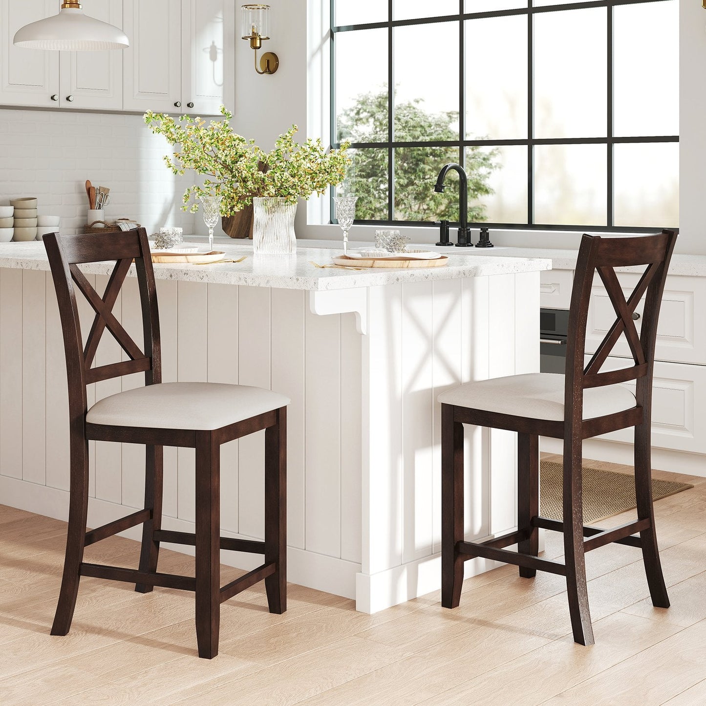 Modern Farmhouse Counter Height Stools with Footrest and Cushion-Walnut (Assembled)