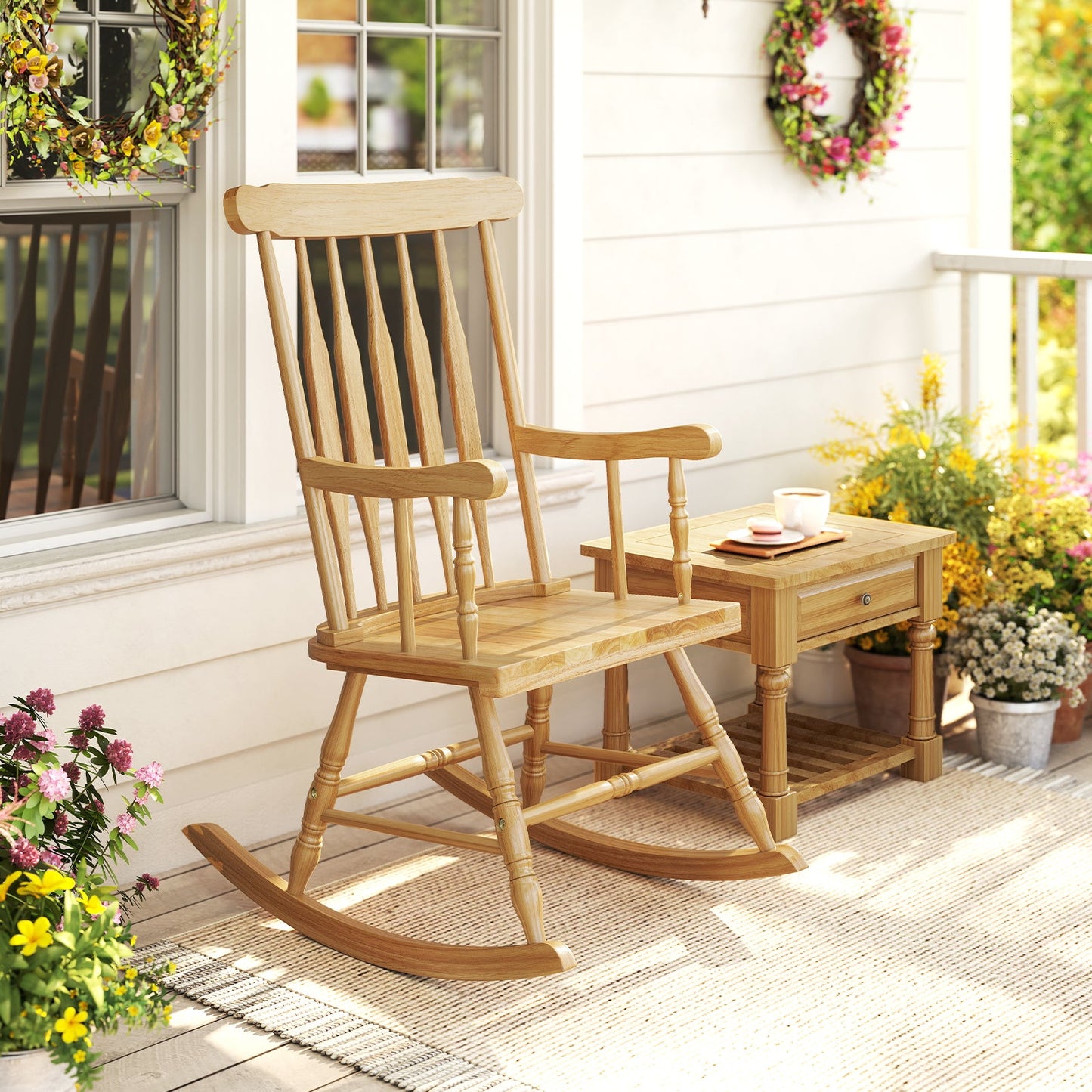 Solid Wood Porch  Glossy Finish Rocking Chair-Assembled, white,  slight damage, please see image