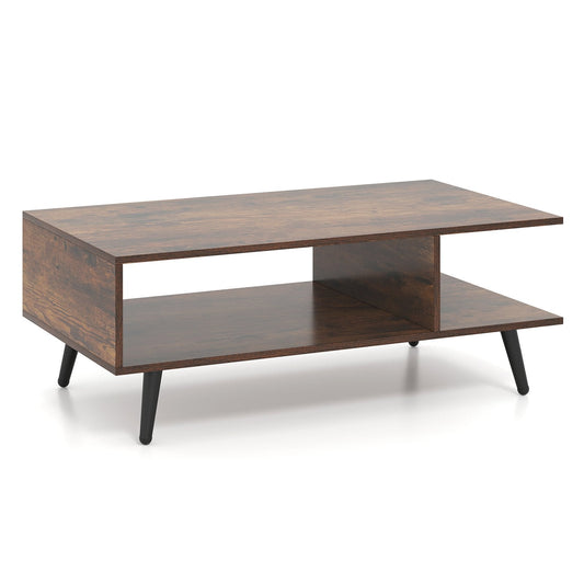 Mid Century Modern Rectangle Coffee Table 2-Tier -Rustic Brown (Assembled)