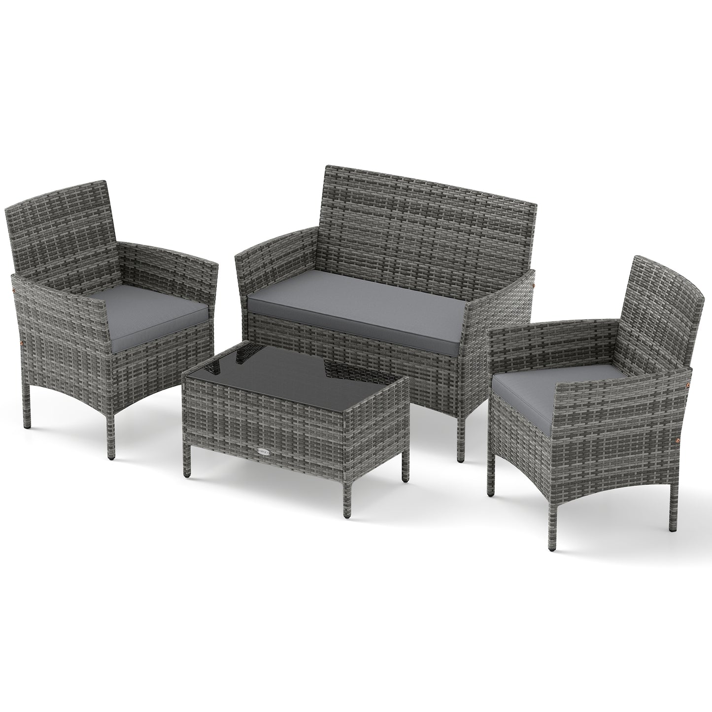 4 Pieces Patio Rattan Conversation Set with Tempered Glass Coffee Table-Gray (Assembled)