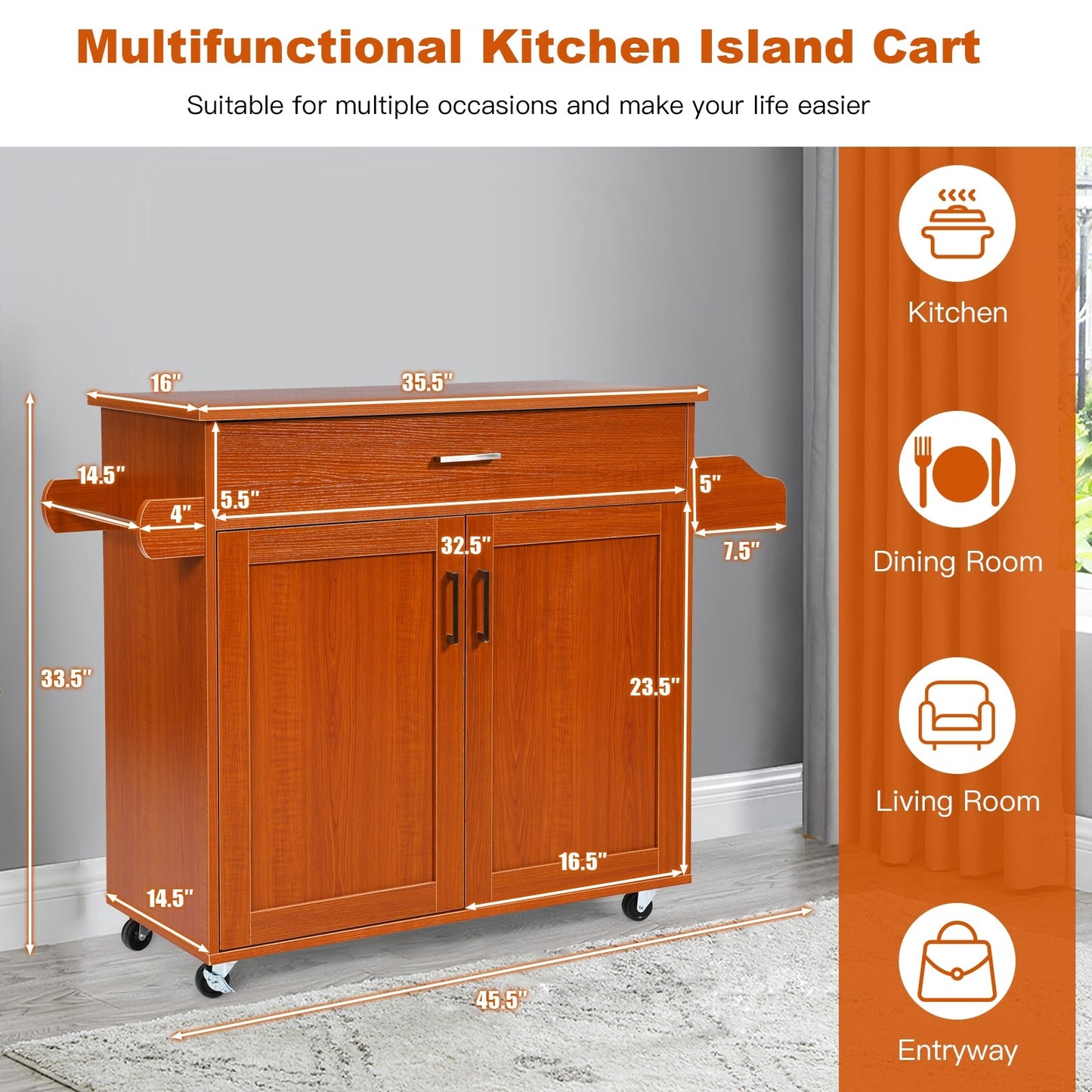 Rolling Kitchen Island Cart with Towel and Spice Rack-Orange - Scratch and Dent - (Assembled)