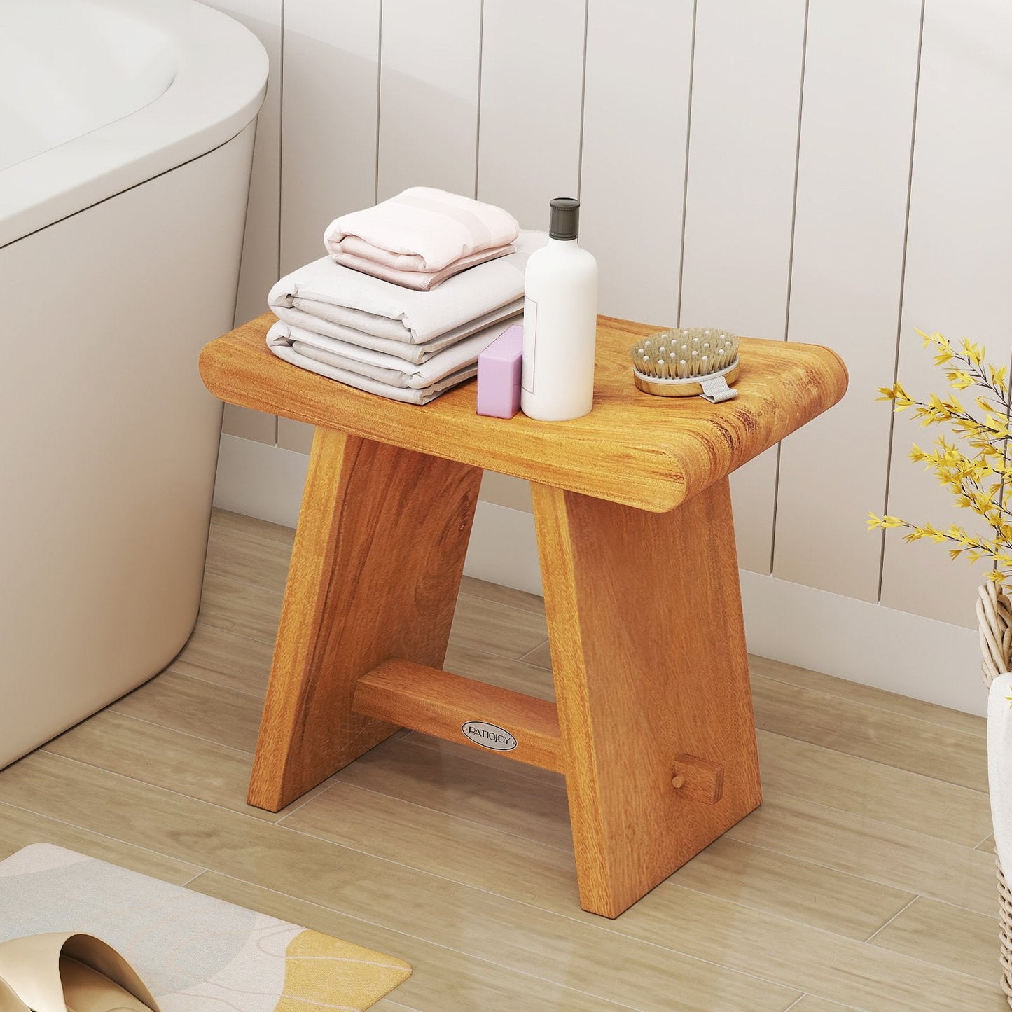 19.5 Inch Teak Shower Bench with Curved Seat for Shaving Legs