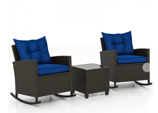 3-Piece Patio Rattan Rocker Chairs with Glass Table, Dark Blue (Fully Assembled)