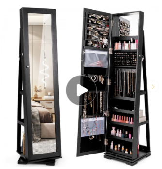 Special - 360° Rotatable 2-in-1 Lockable Jewelry Cabinet with Full-Length Mirror (Assembled)