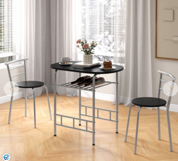 3PCS Oval Modern Bar Dining Table Set Space-saving 1 Desk & 2 Chairs w/Wine Rack Metal Frame