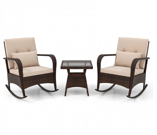 3 Pieces Outdoor Rocking Set with Tempered Glass Coffee Table (Assembled)