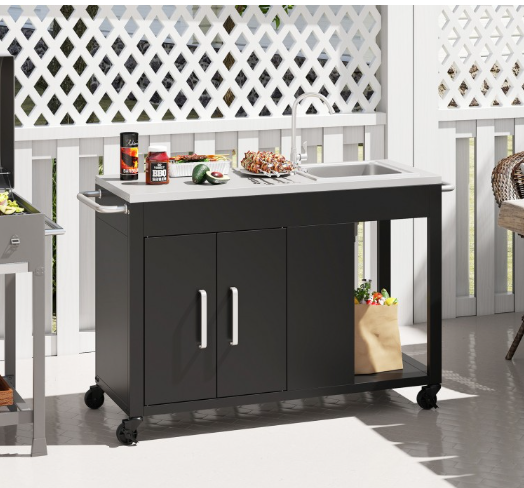 56 Inches Outdoor Grill Table with Sink and Stainless Steel Top-Black (Scratch and Dent)