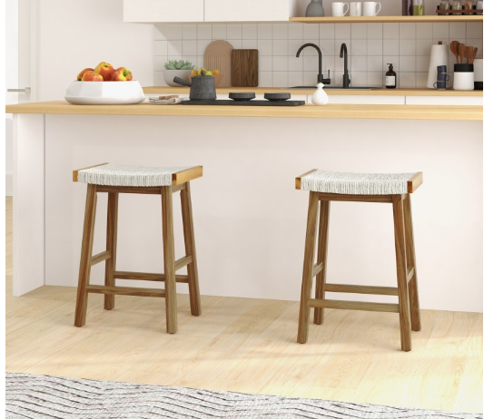 Set of 2 25.5 Inch Dining Bar Stool with Seaweed Woven Seat (Assembled)