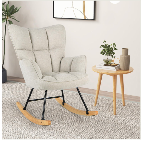 Linen Rocking Chair with High Backrest and Padded Armrests - Beige