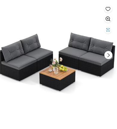 5 Pieces Outdoor Patio Furniture Set Sectional Rattan Sofa and Acacia Wood Coffee Table (Fully Assembled)-Gray