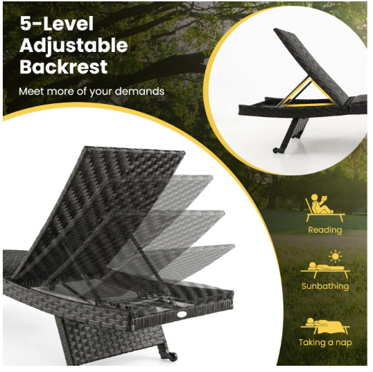 Folding Padded Rattan Patio Chaise Lounge with Adjustable Backrest and Quick Dry Foam All Weather