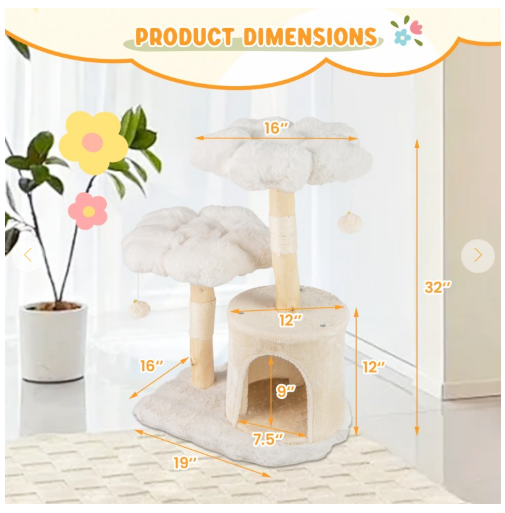 Cute Solid Wood Cat Tree Natural Branch Modern Flower Cat Tower with Sisal Scratching Posts-Beige (Assembled)