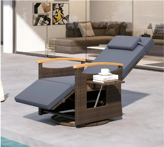 Patio Rattan 360° Swivel Recliner Chair with Adjustable Backrest and Footrest-Gray (Assembled)