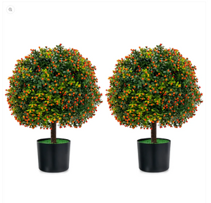 2-Pack Artificial Boxwood Topiary Ball Tree with Orange Fruit