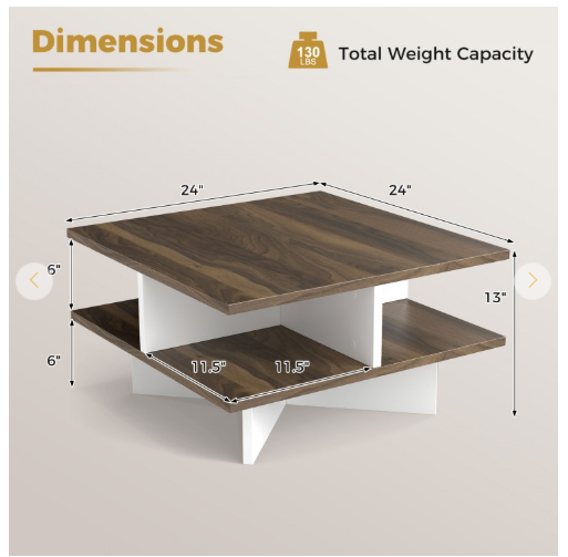 2-Tier Square Coffee Table with 4 Storage Compartments-Walnut (Fully Assembled)
