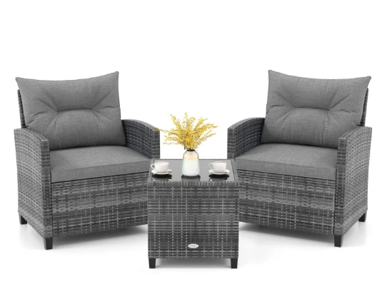 3 Pieces Outdoor Wicker Conversation Set with Tempered Glass Tabletop-Grey(Manufactures Error) (Assembled)