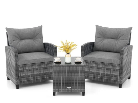 3 Pieces Outdoor Wicker Conversation Set with Tempered Glass Tabletop-Grey(Manufactures Error) (Assembled)