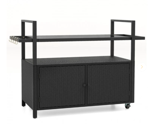 TAX FREE/SPECIAL - Bar Cart Wicker Buffet Serving Cart with Cabinet and 8 Hooks (See Decsription)