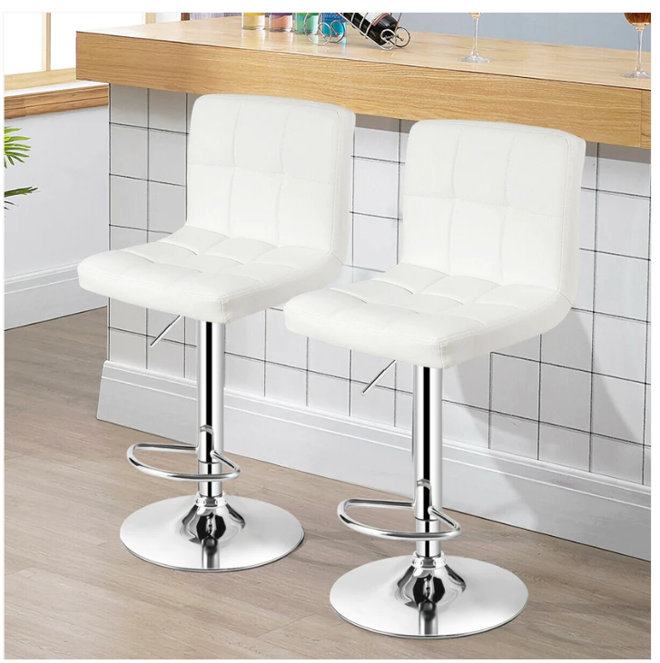 Set of 2 Square Swivel Adjustable PU Leather Bar Stools with Back and Footrest-White
