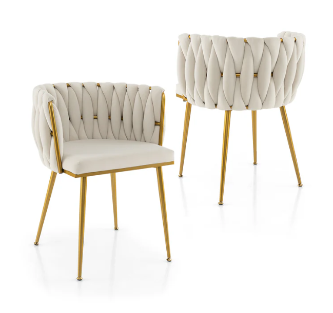 Set of 2 Upholstered Dining Chair w/ Curved Backrest and Metal Tubes-Cream