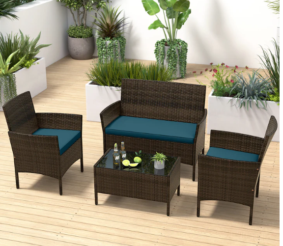 TAX FREE - 4 Piece Patio Rattan Conversation Set with Cozy Seat Cushions-Peacock Blue (Assembled)