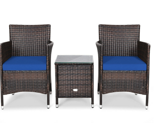 3Pcs Patio Rattan Furniture Set Cushioned Sofa and Glass Tabletop Deck-Navy (Assembled)