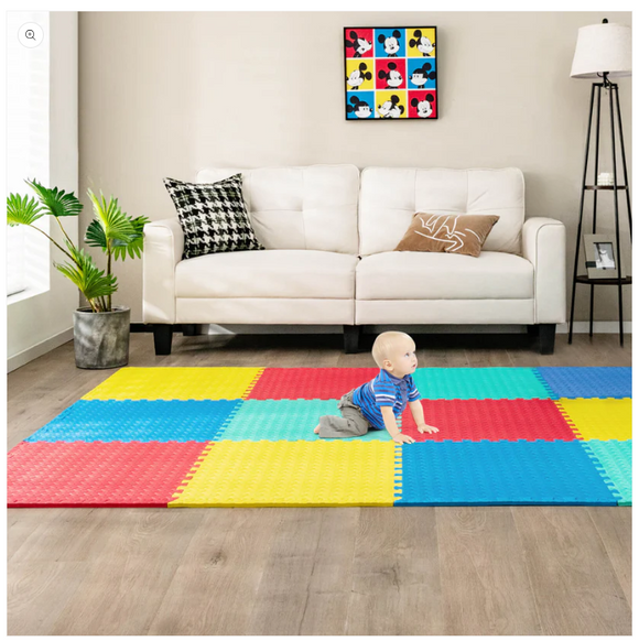 12 Pieces Puzzle Interlocking Flooring Mat with Anti-slip/Waterproof Surface - Yellow/Blue only