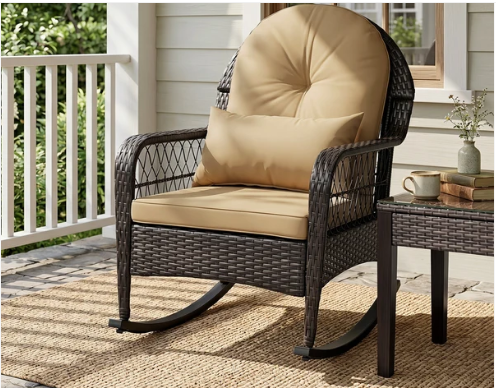 Outdoor Wicker Rocking Chair with Cushions - 400 LBS Capacity