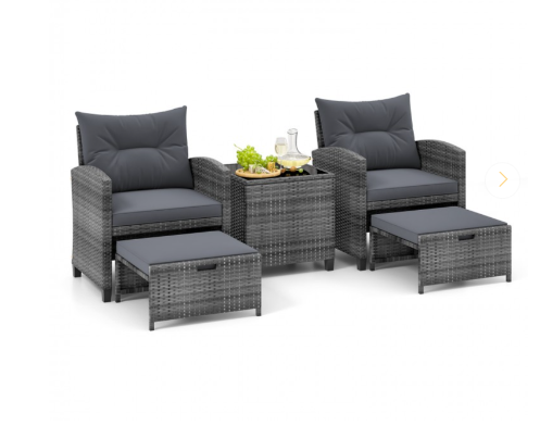 5 Pieces Patio Rattan Sofa Ottoman Furniture Set with Cushions-Grey (Fully Assembled)