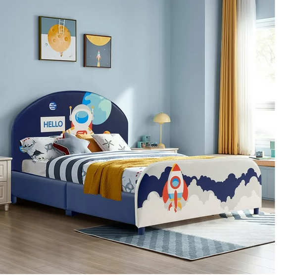 Kids Upholstered Platform Bed Frame,  Astronaut Pattern, Scratch & Dent