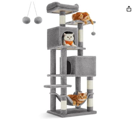 (Unassembled) - Cat Condo, cat  tree, 61-Inch Cat Tower with 5 Scratching Posts, 2 Perches, 2 Caves, Hammock, 2 Pompoms, Light Gray (1 Box, Unassembled)