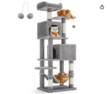 Fully Assembled,  Cat Condo, cat  tree, 61-Inch Cat Tower with 5 Scratching Posts, 2 Perches, 2 Caves, Hammock, 2 Pompoms, Light Gray