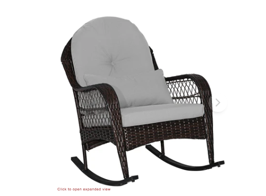 Patio Rattan Rocking Chair with Seat Back Cushions and Waist Pillow-Grey