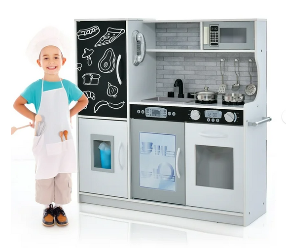Kid's Pretend Play Kitchen Toddler Kitchen Playset with Blackboard White, unassembled