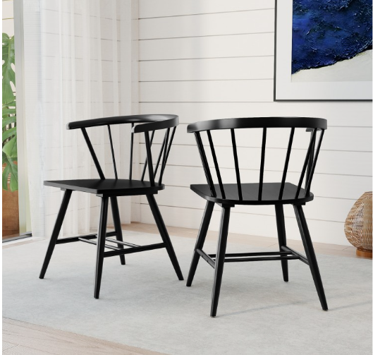 Windsor Dining Chair Set of 2 Mid-Century Modern Black Kitchen Chairs-Black