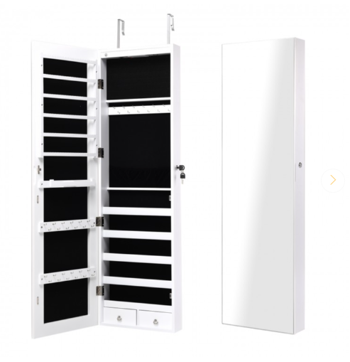 Lockable Wall Mount Mirrored Jewelry Cabinet with LED Lights-White