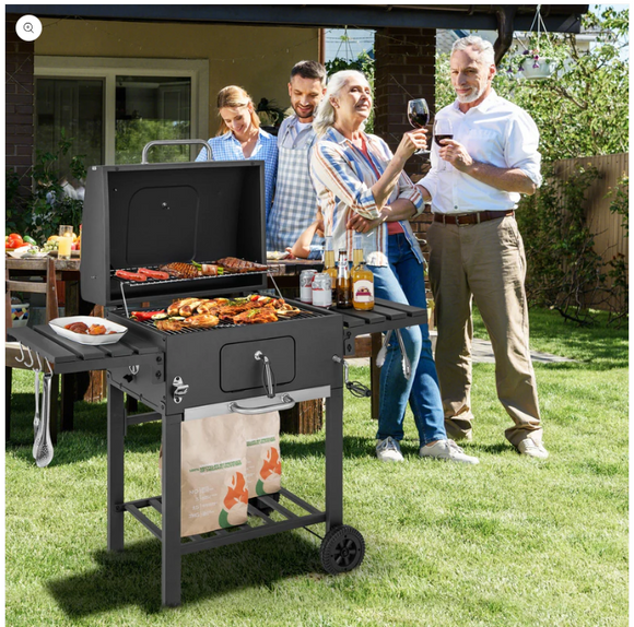 Outdoor BBQ Charcoal Grill with 2 Foldable Side Table and Wheels - Unassembled